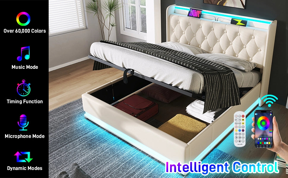 LETTO Contenitore 140x190 cm PU Bianco con LED, USB e Type-C