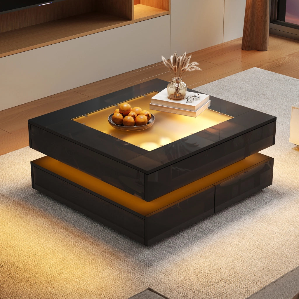 Tavolino da salotto quadrato 70 x 70 x 35 cm con piano in vetro, LED integrata e 3 cassetti, nero