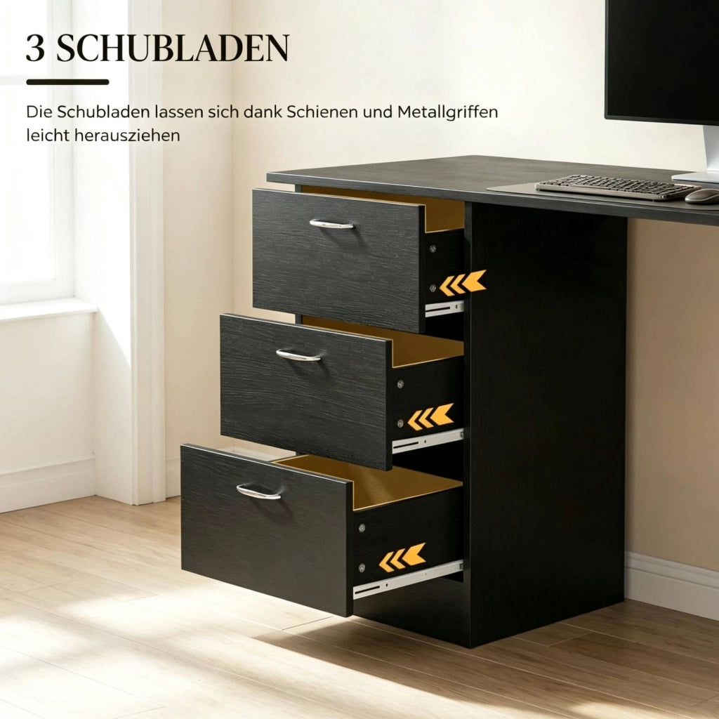 Scrivania per computer in MDF nero con 3 ripiani e 3 cassetti, 120x49x72 cm