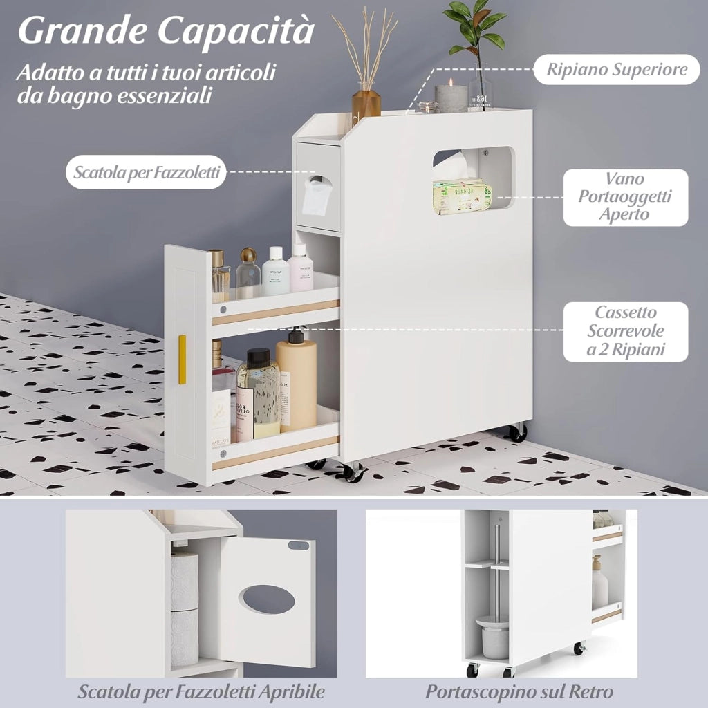 Credenza da Bagno Piccolo, Mobile Salvaspazio Stretto e Slim con Cassetto Scorrevole, Porta Fazzoletti, Portascopino e Ruote Bloccabile, Armadietto per Spazi Ridotti (Bianco)