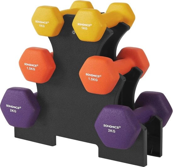Set di manubri per allenamento in casa - 6 manubri corti (1kg, 1,5kg, 2kg) e supporto
