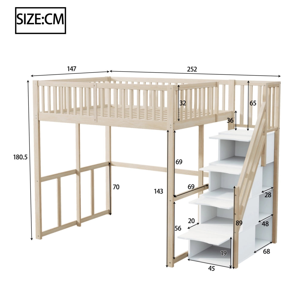 Hochbett 140x200 cm con scala contenitore e sponde di sicurezza; legno naturale