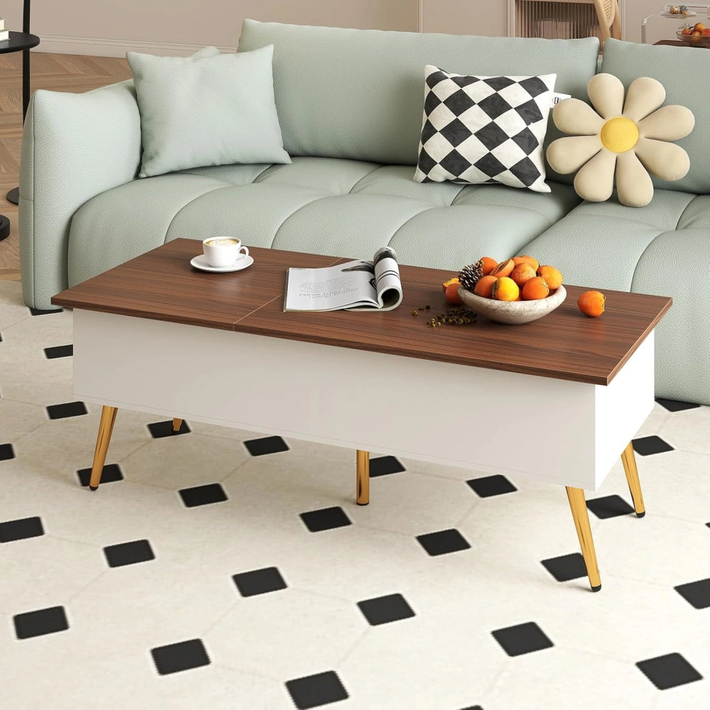 Tavolino da Caffè con Piano Sollevabile, Tavolino Moderno con 2 Scomparti Nascosti e Gambe in Metallo, Tavolo per Soggiorno, Studio e Ufficio, 111 x 48 x 40-53,5 cm (Noce)