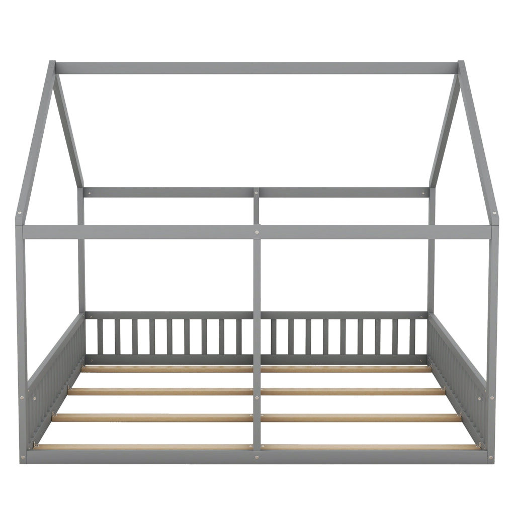 DESMIU Letto per bambini 2 posti con barriere e design a casetta, 90 × 200 cm, senza materasso, pino grigio