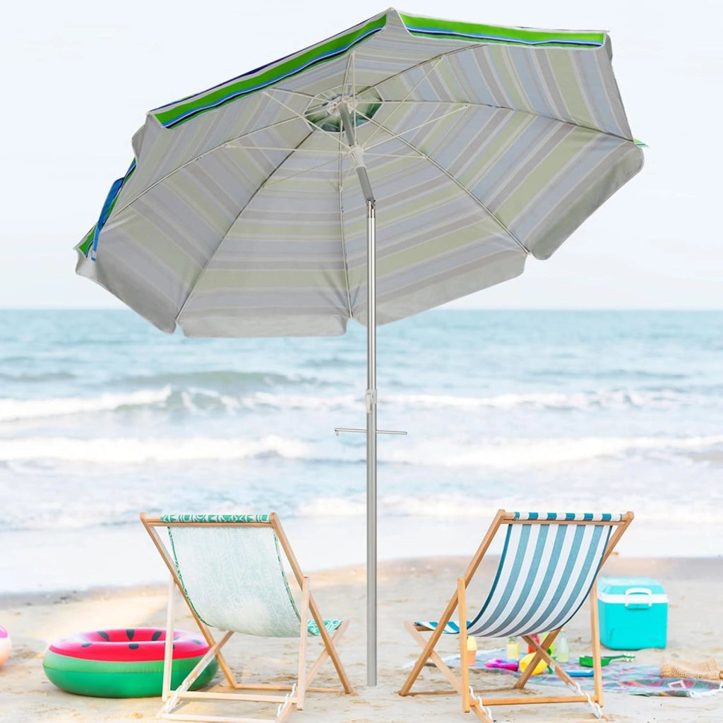 Ombrellone da Spiaggia 198 cm, Ombrello Parasole da Esterno con Palo Inclinabile in Alluminio, Ombrellone Portatile con Borsa di Trasporto, Anti UV 50+, 8 Stecche (Blu e Verde)