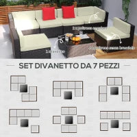 Salotto da Giardino in Rattan da 7 Pezzi con Tavolino e Divano Modulabile con Cuscini, Crema