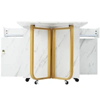 Tavolo da cucina versatile e pieghevole con ruote, con credenza e 2 cassetti, 150x80x76 cm, Bianco e Oro