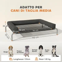 Lettino per Cani Rialzato di 19.5 cm con Cuscino a U, in Poliestere e Acciaio, 110x75x30 cm, Nero e Argento
