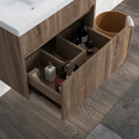 kleankin Mobile Lavabo da 60cm con Cassetto in Legno e Lavandino in Ceramica, Marrone Chiaro