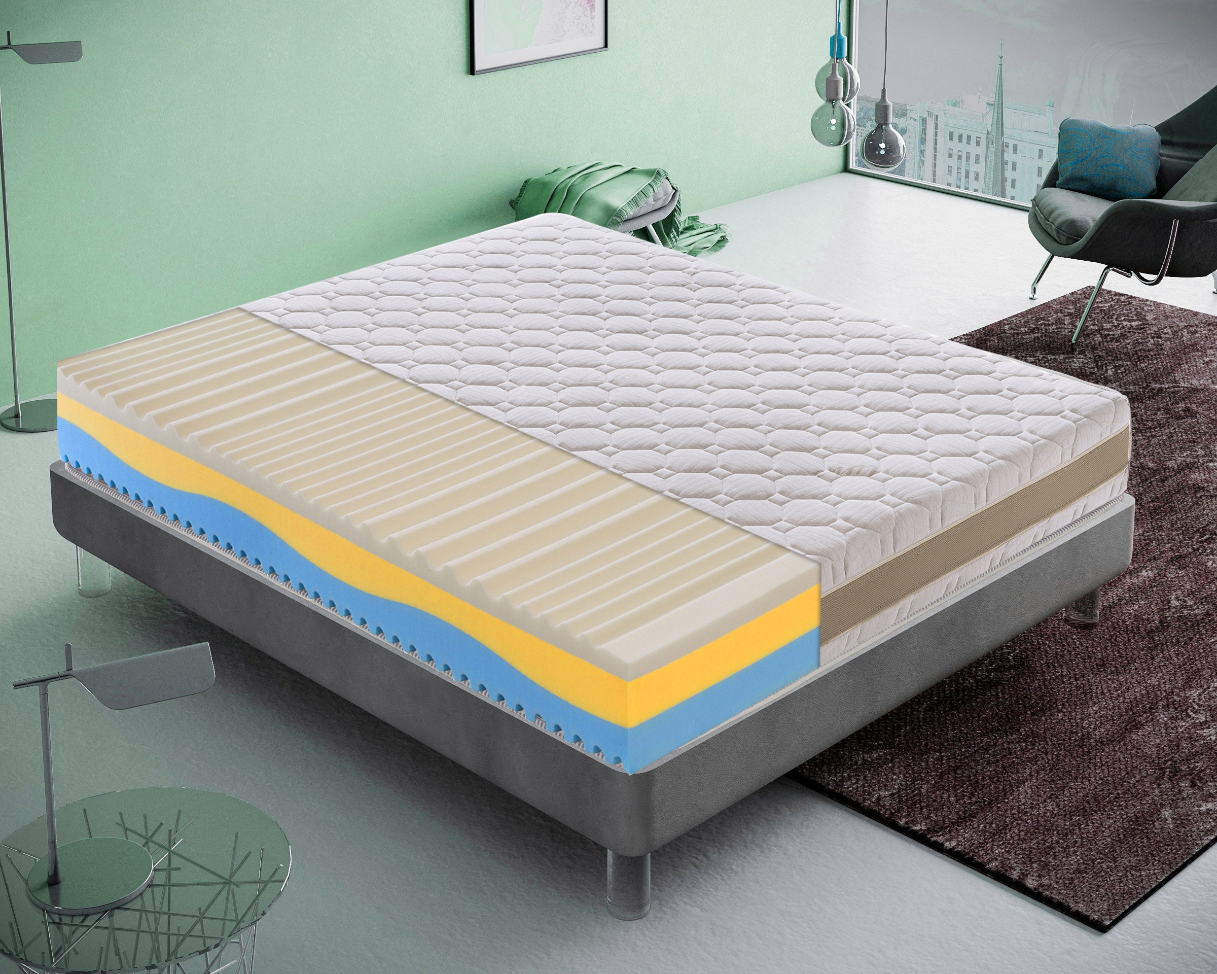 Materasso Singolo 90x200 in memory foam, 3 strati, rivestimento sfoderabile, 5 cm di memory foam, 7 zone di comfort