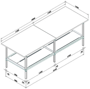 Banco lavoro fisso o su ruote con cassetto metallico e piano inferiore di metallo cm. 280x100x93h