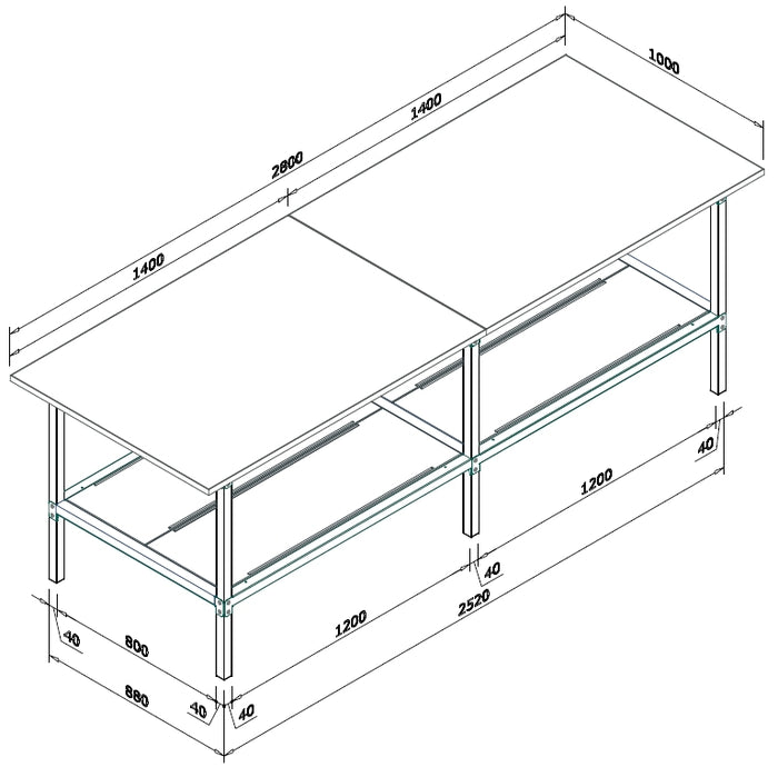 Banco lavoro fisso o su ruote con cassetto metallico e piano inferiore di metallo cm. 280x100x93h