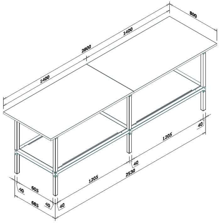Banco per lavoro di metallo zincato con piano nobilitato cm. 280x80x93h