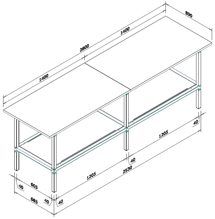 Banco per lavoro di metallo zincato con piano nobilitato cm. 280x80x93h