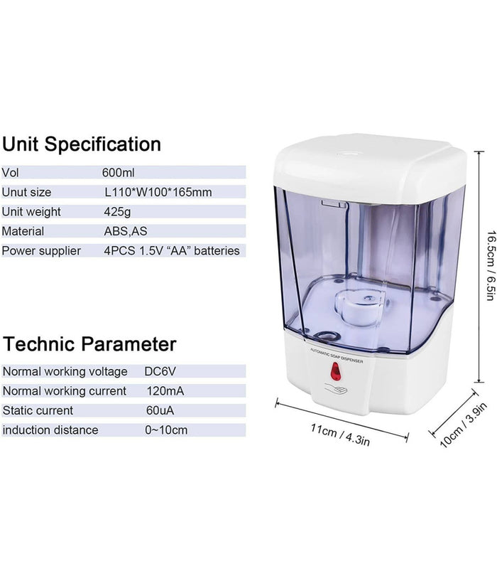 Dispenser Erogatore Dosatore Sapone Automatico Infrarossi Con Fotocellula 600ml         