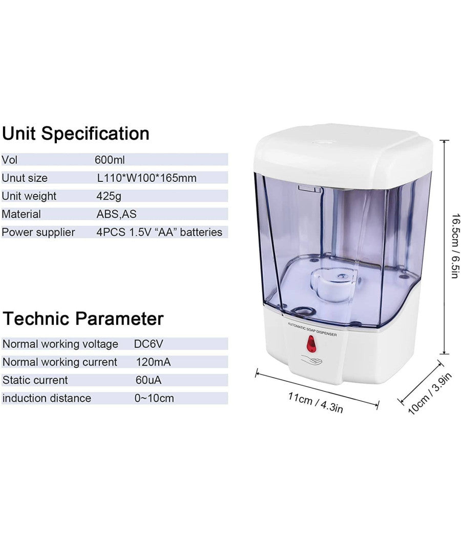 Dispenser Erogatore Dosatore Sapone Automatico Infrarossi Con Fotocellula 600ml         
