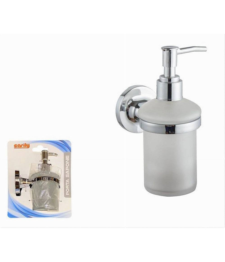 Dispenser Porta Sapone Liquido A Parete Acciaio Bicchiere Vetro Satinato 79805         