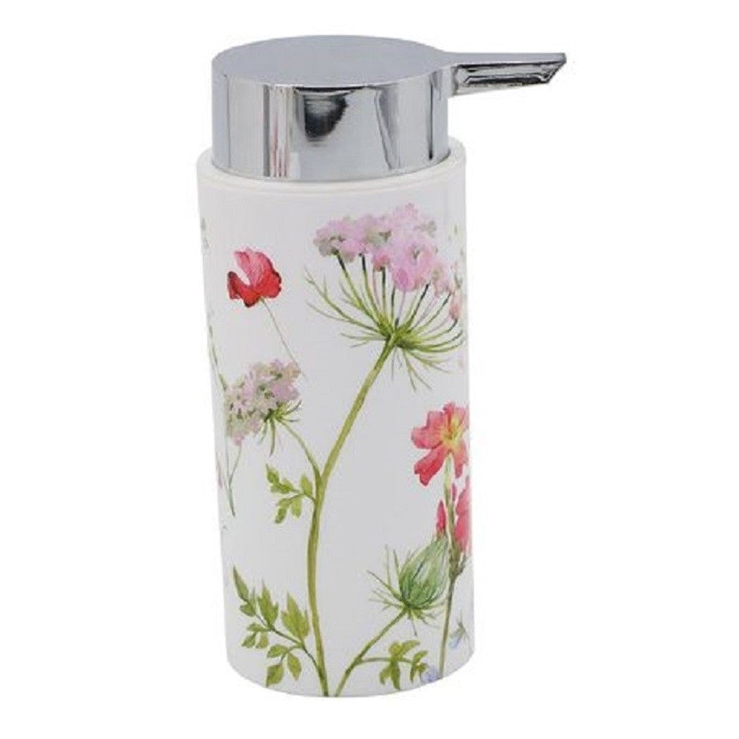 Trade Shop - Dispenser Porta Sapone Liquido Cilindrico Bianco In Plastica 15,6 Cm Fiori 69922 -