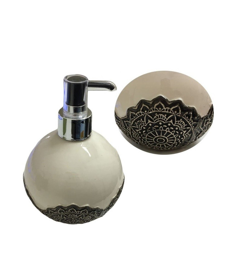 Trade Shop - Dispenser Porta Sapone Liquido Portasapone Ceramica Fiore Mandala Sferico -