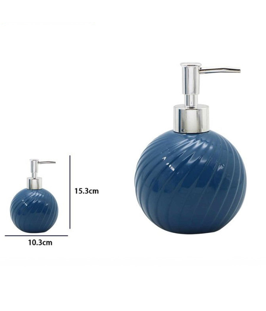Dispenser Porta Sapone Liquido Sferico In Ceramica Rigata Blu Arredo Bagno 79954         