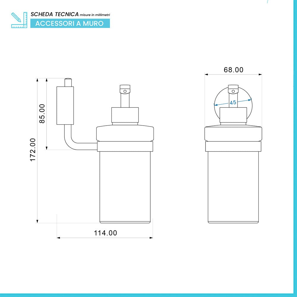 Dispenser sapone a muro acciaio cromo e vetro doppio fissaggio Plaza