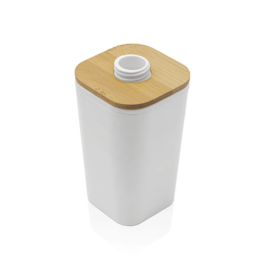 Dispenser sapone in finitura bianca opaca con dettagli in bambù