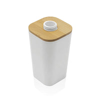 Dispenser sapone in finitura bianca opaca con dettagli in bambù