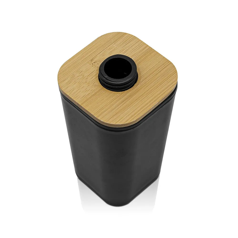 Dispenser sapone in finitura nera opaca con dettagli in bambù