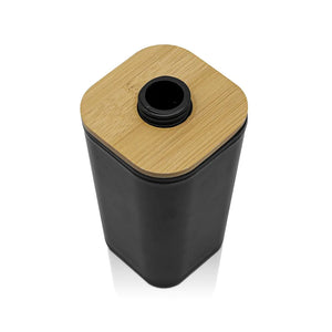 Dispenser sapone in finitura nera opaca con dettagli in bambù