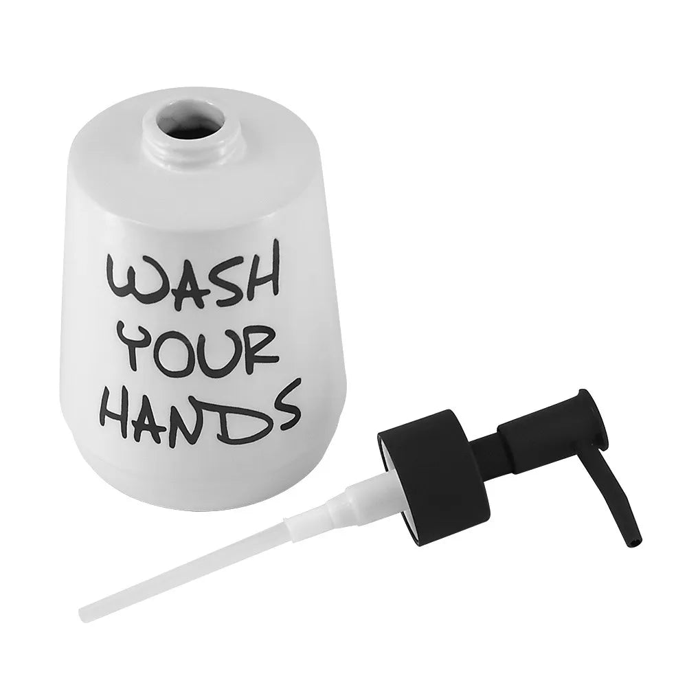 Dispenser sapone liquido Wash in ceramica bianco con scritte nere