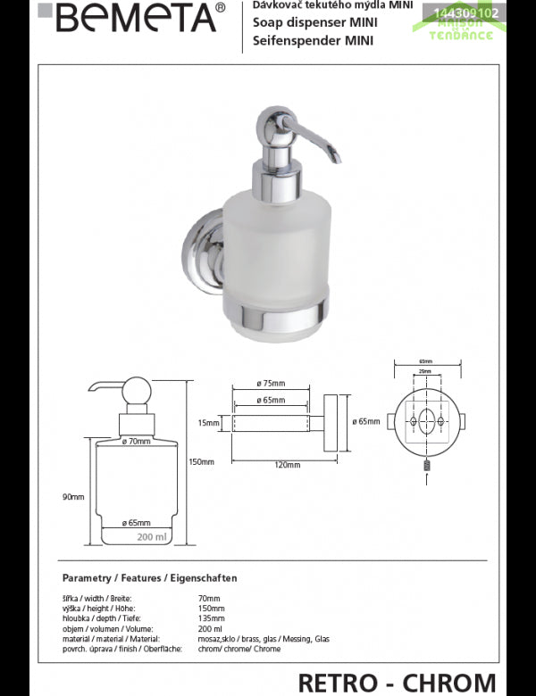 Dispenser sapone RETRO in ottone cromato e vetro 7,35x15x13,5 cm / 200 ml