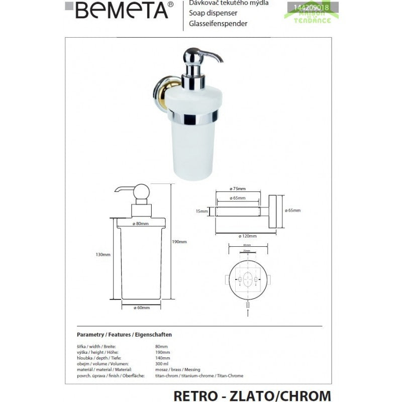 Dispenser di sapone in vetro RETRO ottone cromo-oro 8x19x14 cm / 300ml