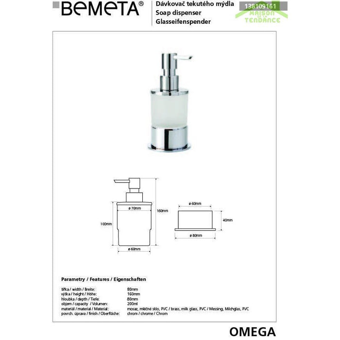 Dispenser di sapone da banco OMEGA in vetro e cromo 8x16x8cm /200ml