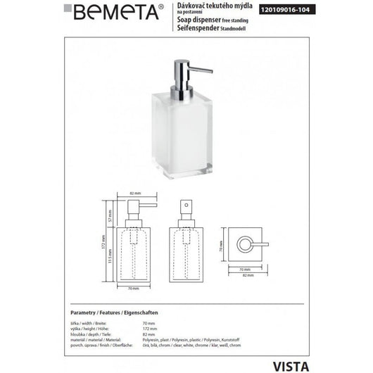 Dispenser Sapone Liquido VISTA Quadrato in Resina Bianca / 250 ml