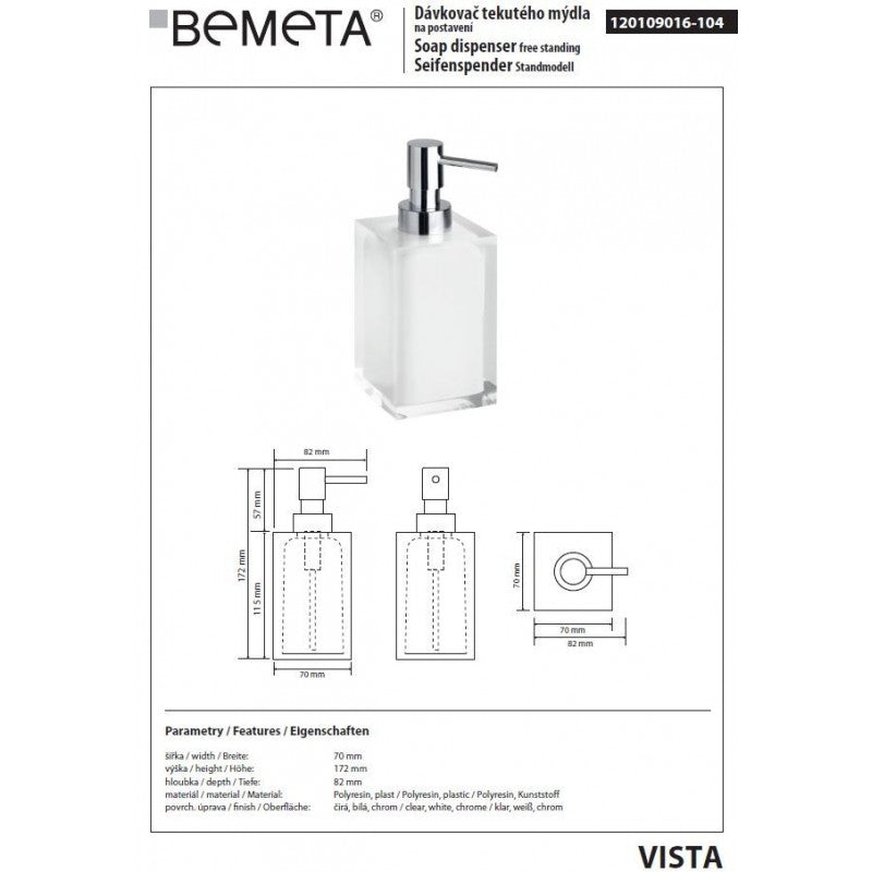Dispenser Sapone Liquido VISTA Quadrato in Resina Bianca / 250 ml