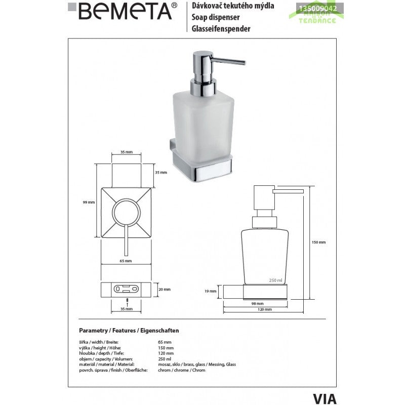 Dispenser di sapone in ottone cromato e vetro VIA 6,5 x15x 12 cm / 250 ml