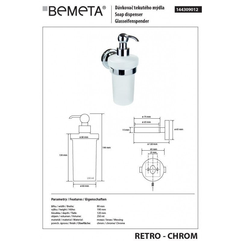 Dispenser di sapone in ottone cromato e vetro RETRO 8x19x14 cm / 230ml