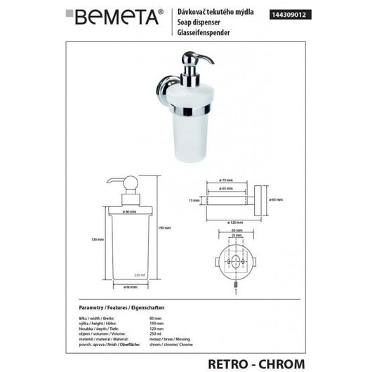 Dispenser di sapone in ottone cromato e vetro RETRO 8x19x14 cm / 230ml