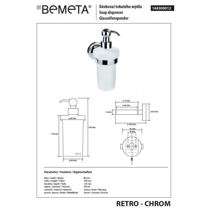Dispenser di sapone in ottone cromato e vetro RETRO 8x19x14 cm / 230ml