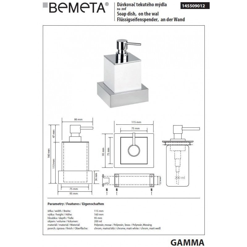 Dispenser Sapone Liquido GAMMA in Ottone Cromato Bianco / 200 ml