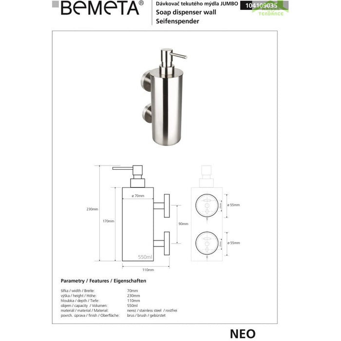 Dispenser di sapone liquido JUMBO 550ml / 23x11x7cm