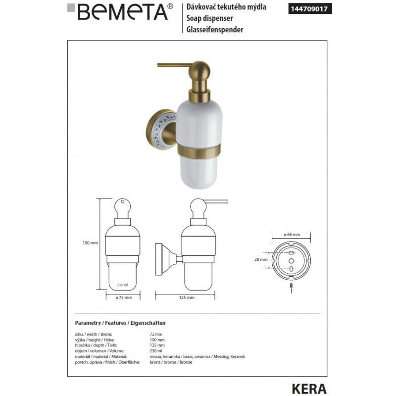 Dispenser di sapone liquido KERA in ottone e ceramica 19 x7,2 x12,5 cm / 230ml