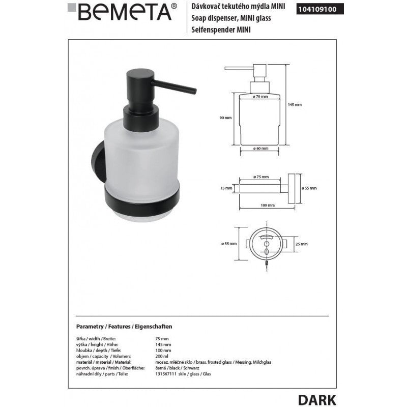 Distributore di sapone liquido da parete DARK 14,5 x10 x7,5 cm / 200ml