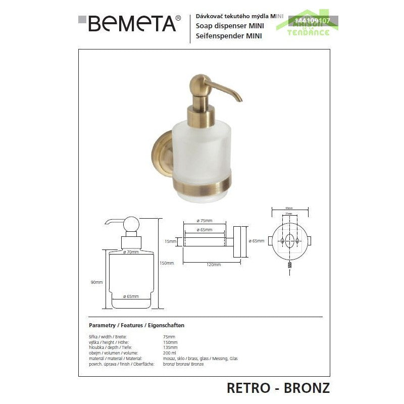 Dispenser di sapone in ottone e vetro RETRO 7,35x15x13,5 cm / 200 ml