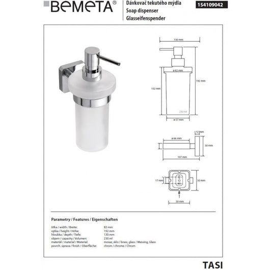 Dispenser di sapone liquido da parete TASI in ottone cromato e vetro / 230 ml