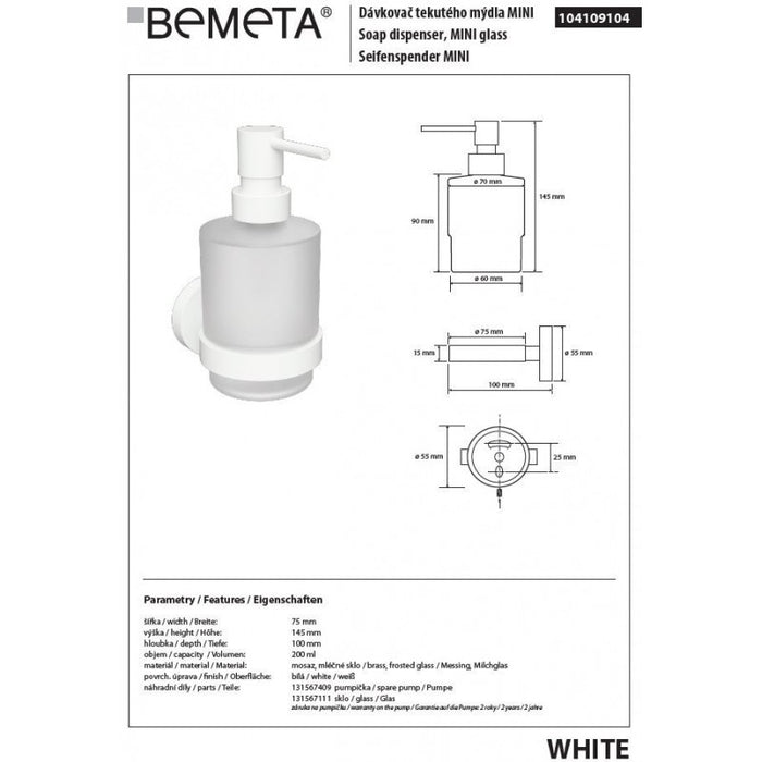 Dispenser sapone liquido da parete BIANCO in ottone bianco / 200ml