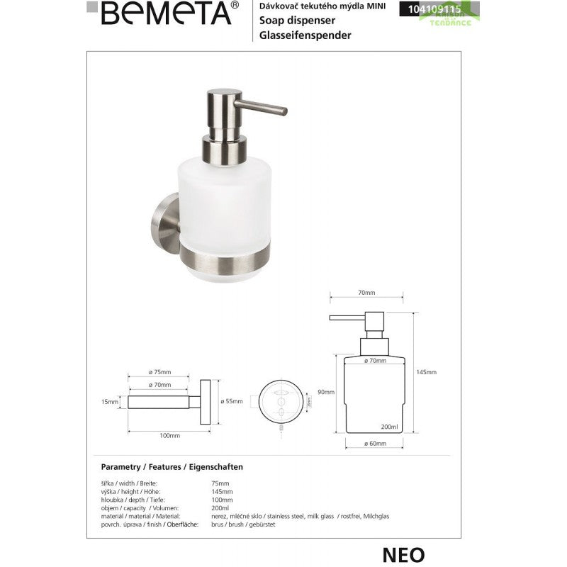 NEO Dispenser di sapone in vetro 200ml / 15x10x7,5cm