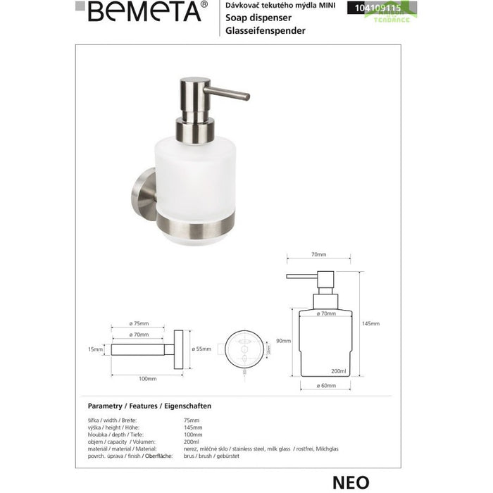 NEO Dispenser di sapone in vetro 200ml / 15x10x7,5cm