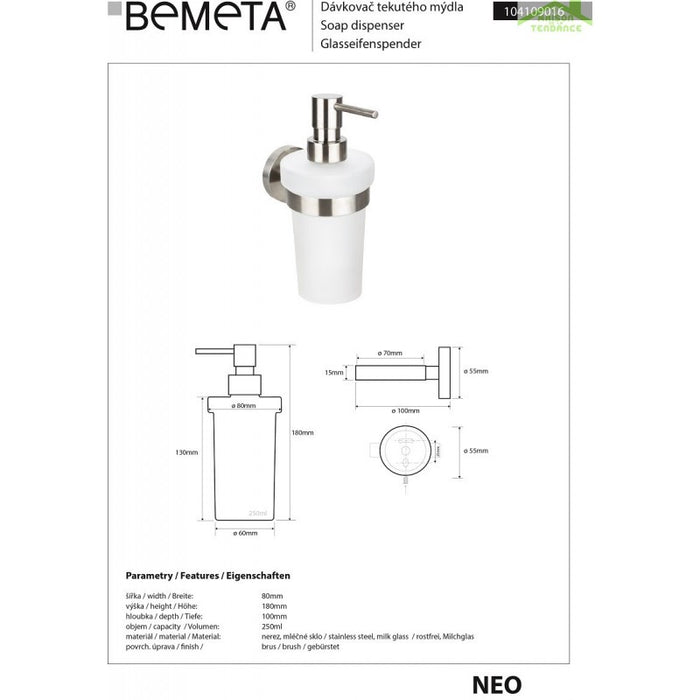 NEO Dispenser di sapone in vetro 250ml / 19x10x7,5cm