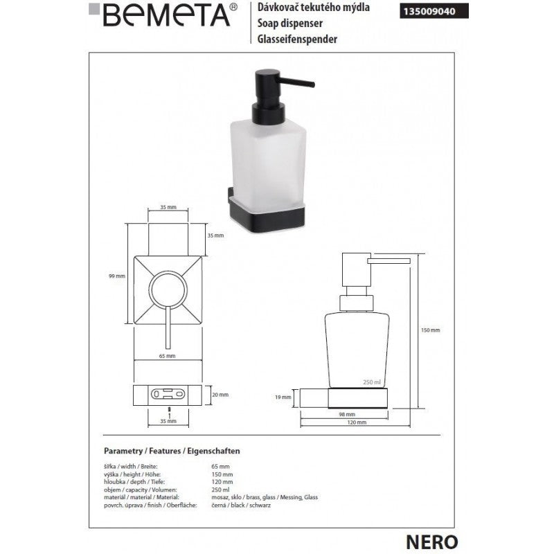 Dispenser di sapone liquido NERO in ottone nero e vetro / 250ml